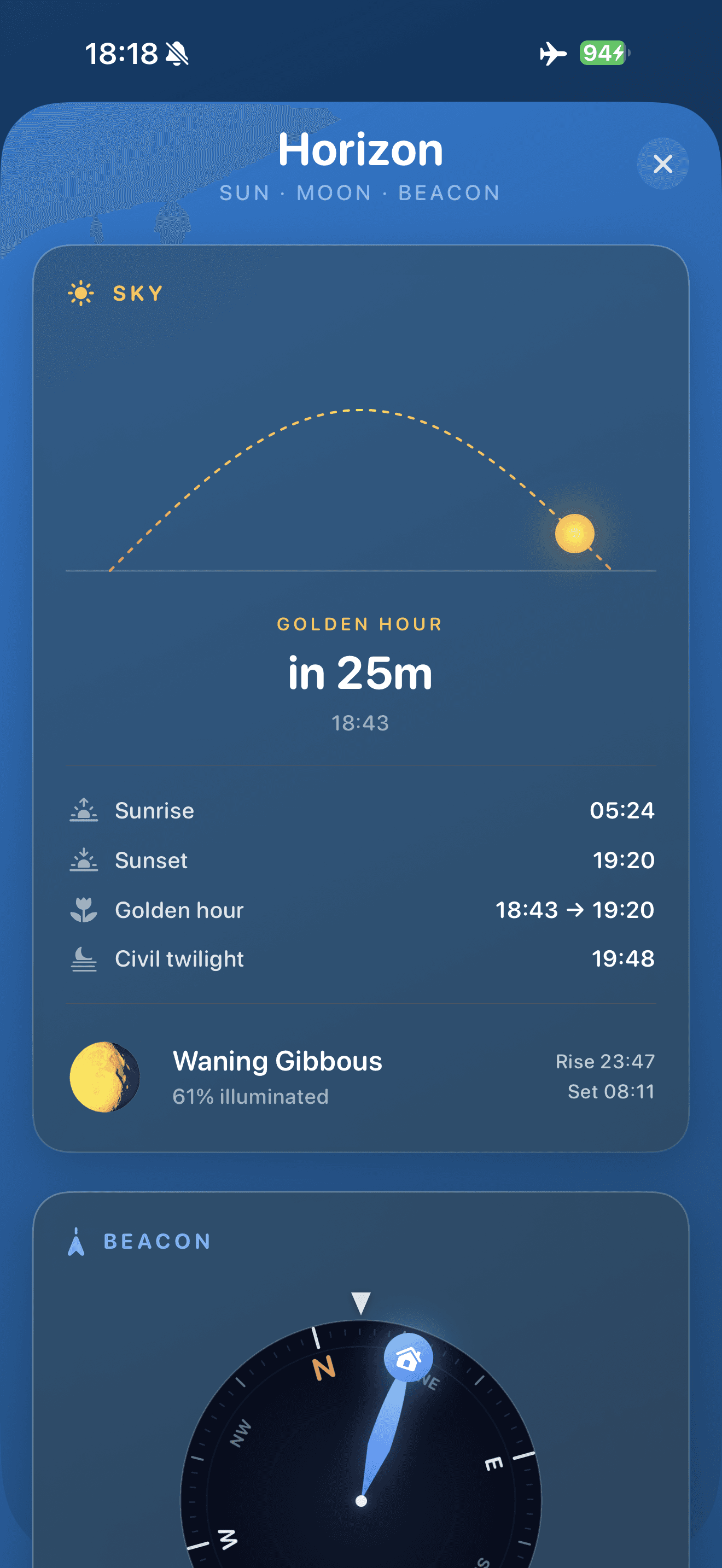 SkyLocation Horizon — sun, moon, and beacon compass, fully offline
