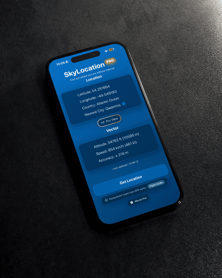 SkyLocation app in a premium dark studio scene
