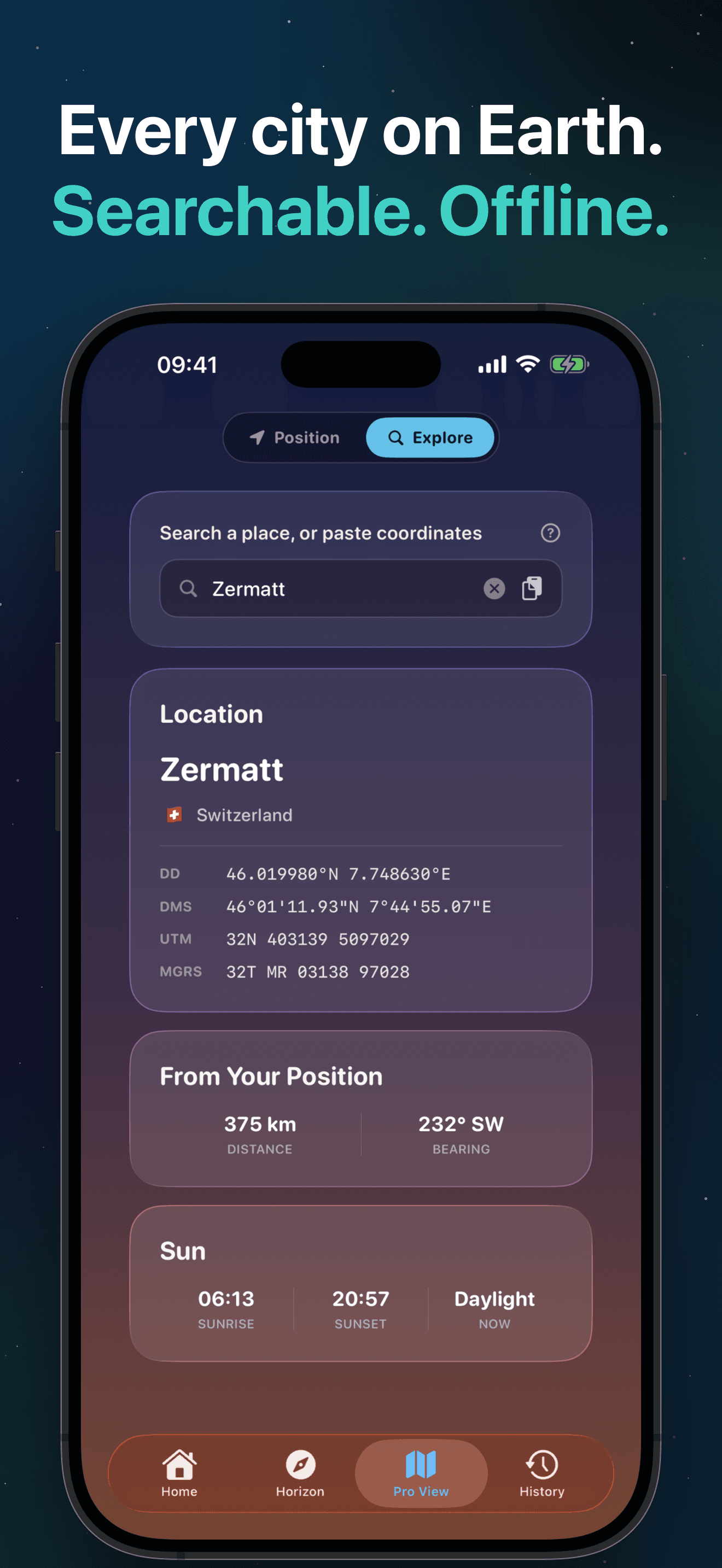 SkyLocation Anywhere Lookup – Suche nach Zermatt in der Schweiz, komplett offline