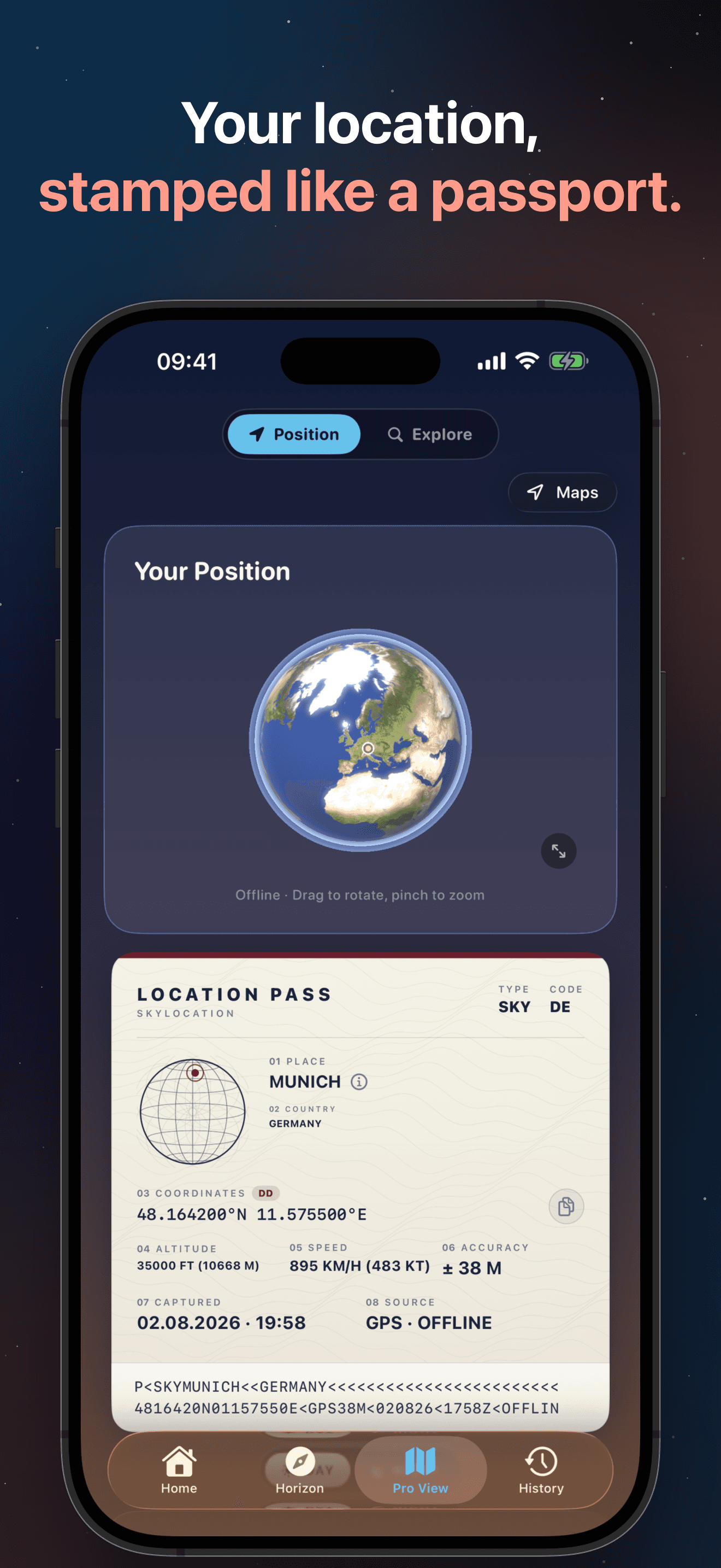 SkyLocation Location Pass – dein Standort, gerendert als teilbare Standortkarte im Passdesign