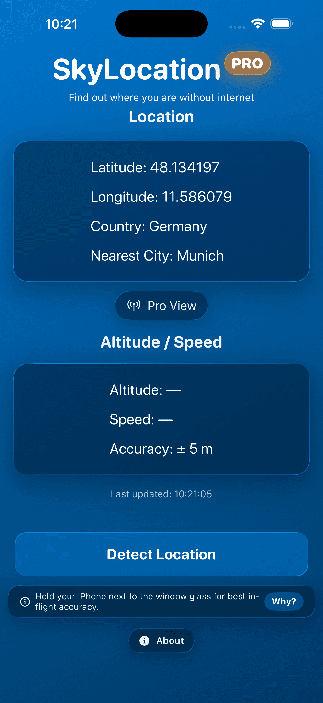 SkyLocation app main screen showing coordinates, altitude and speed in a warm metallic iPhone mockup