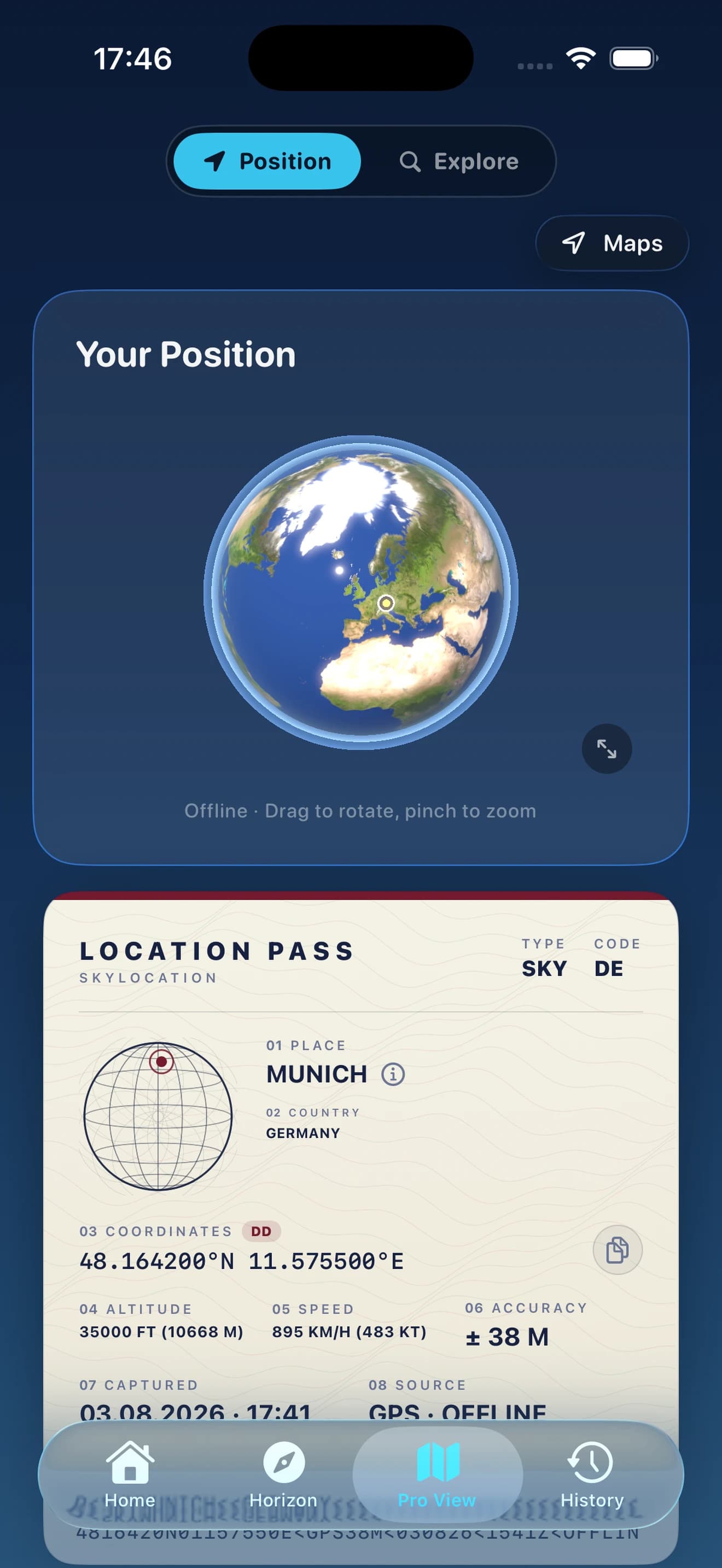 SkyLocation Pro-Ansicht – 3D-Globus und Location Pass