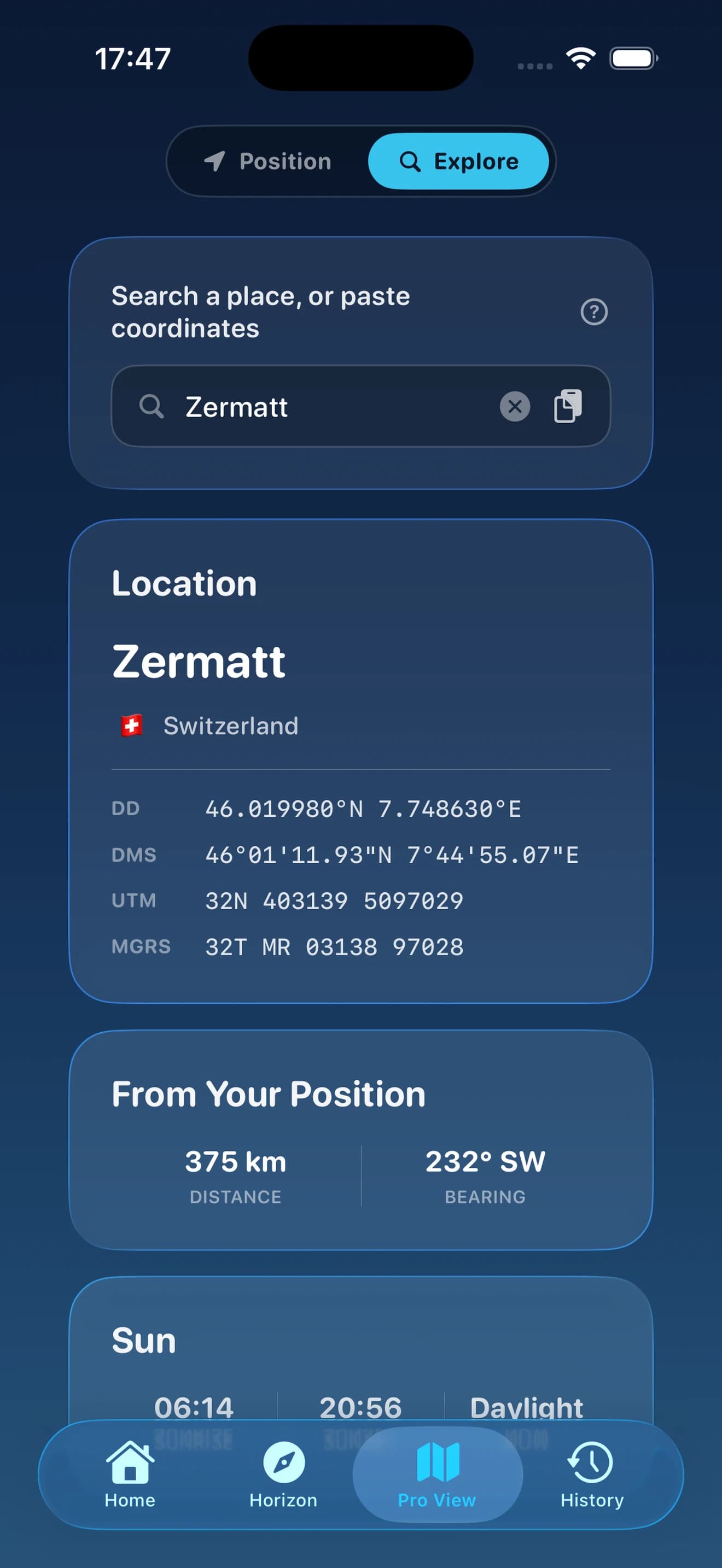 SkyLocation Anywhere Lookup on iPhone, searching Zermatt, Switzerland offline